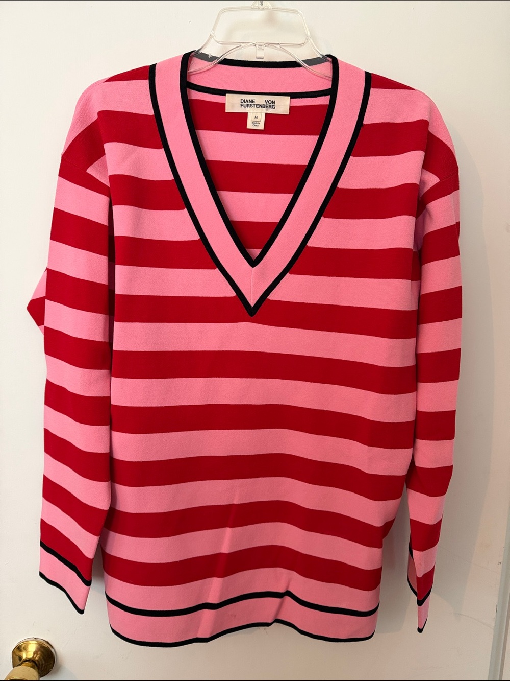 Diane Von Furstenberg Red and Pink Striped V-Neck Sweater